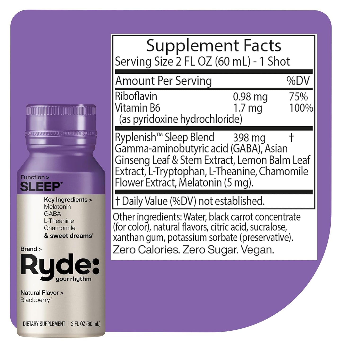 Ryde: SLEEP | 2oz Sleep Shot for Occasional Use | Melatonin, GABA, L-Theanine & Chamomile | Blackberry Natural Flavor | Sugar-Free, Zero Calories, Vegan | Manufactured in USA (8 Pack)