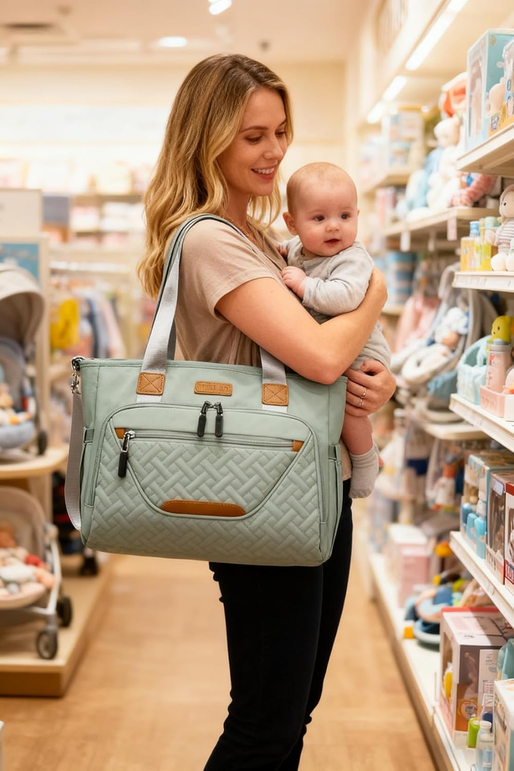 Diaper Bag Tote, Large Tote Diaper Bag with 16" Laptop Compartment, Baby Bag with Insulated Pocket for Mam and Dad, Ideal for Travel, Work (Morandi Grey) | Waterproof