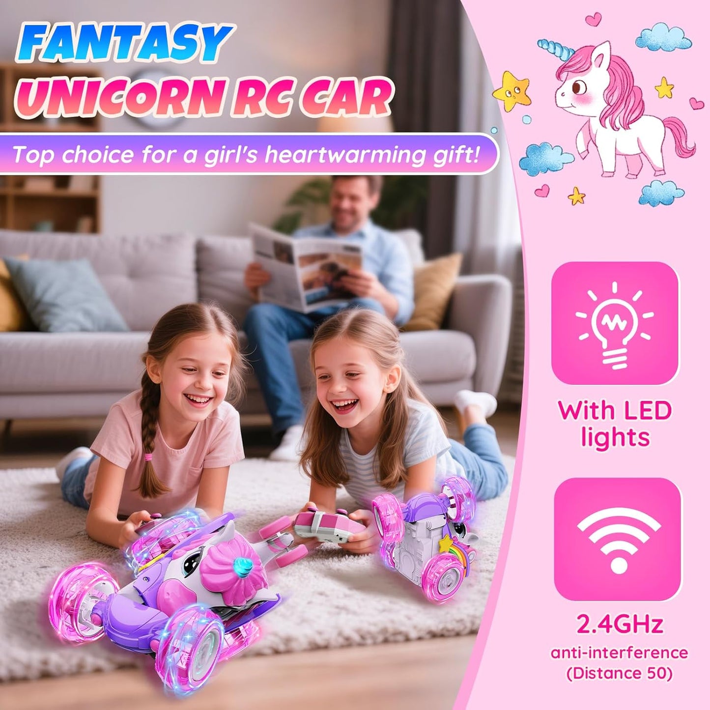 Unicorn Remote Control Car Toys for Girl - 360° Rotating Pink RC Stunt Cars 4WD Remote Cars for Kids, 2.4GHz Toy Car with LED Lights, Easter Birthday Gift for 3 4 5 6 7 8 9 Year Old Girl