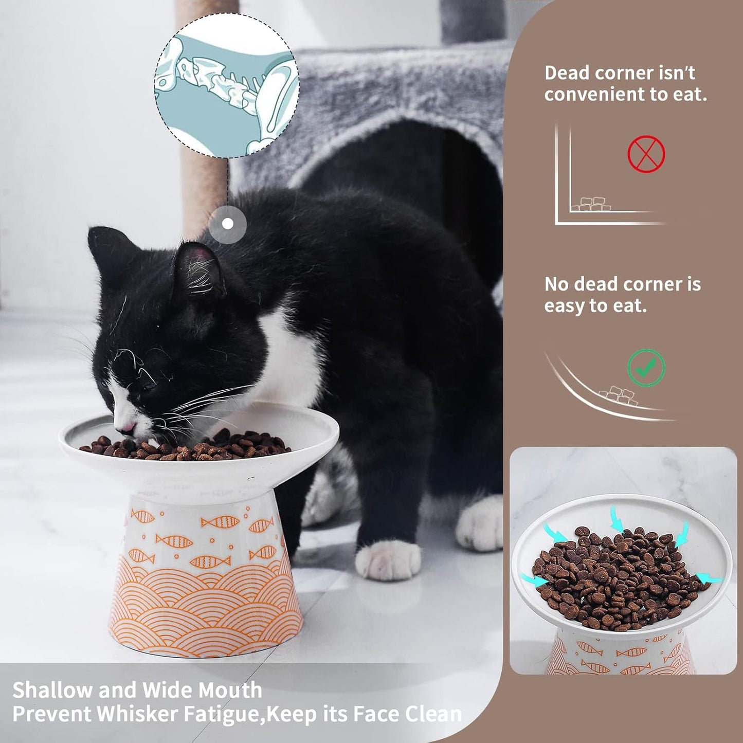 WUHOSTAM 6.25 Inch Extra Wide Ceramic Raised Cat Food Bowls, Elevated Cat Feeding Dish, Heavy Pet Feeder Bowl for Elder Big Cats,Small Dogs, Reduce Vomiting, Protect Pet's Spine, 2 Pack(Blue&Orange)