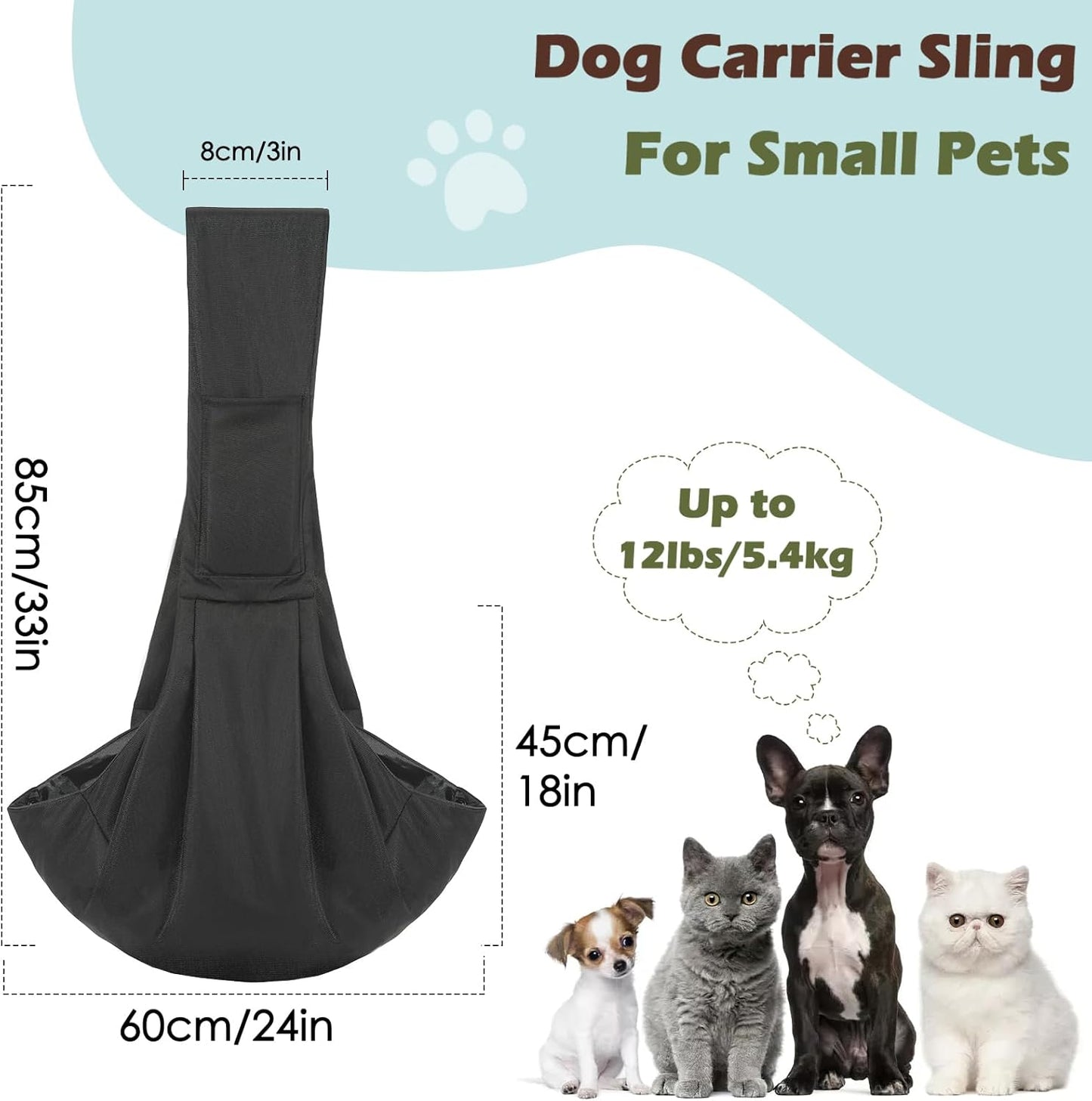 Pawaboo Small Dog Sling Carrier, Reversible Hands Free Dog Sling Carriers for Small Dogs and Cats, Puppy Slings Carrier with Safety Harness, Puppy Essentials, Black