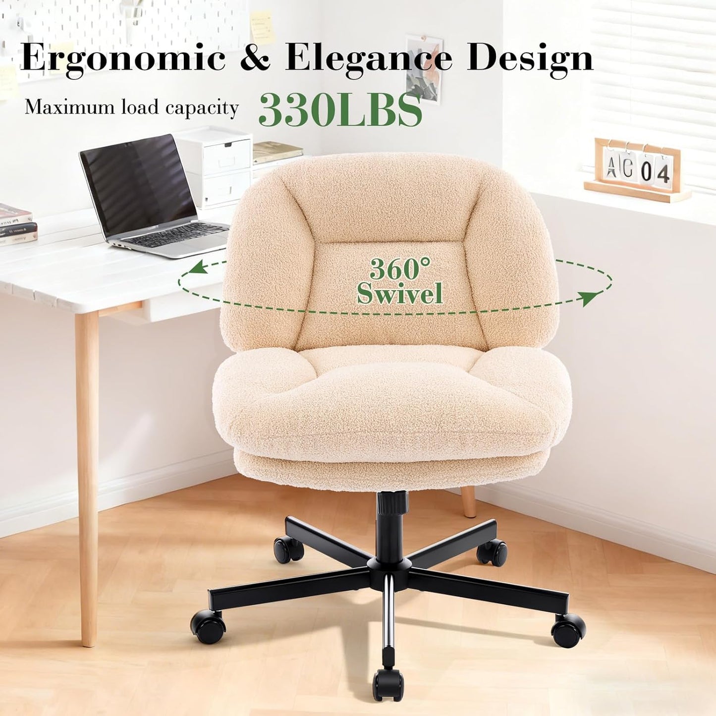 Criss Cross Chair, Thick Cushioned Ergonomic Cross Legged Office Chair with Wheels, Armless Swivel Vanity Chair, Height Adjustable Wide Computer Desk Chair for Home and Office, Beige