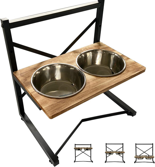 Pet Compawny Elevated Dog Bowl, Adjustable, 3 Heights with Stainless Steel, Raised Stand for Food and Water, Perfect for Dogs and Cats, Easy to Clean, Wood and Metal Frame, Modern Design