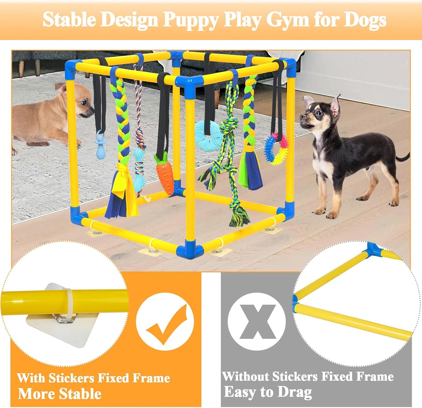 Puppy Play Gym with 8 Hanging Toys for Teething &Chewing, Interactive Activity Center for Small Dogs to Relieve Boredom & Anxiety, Indoor Enrichment Toys to Keep Them Busy (Square)