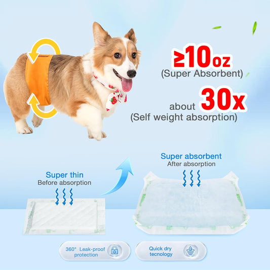 Dog Diaper Liners 100ct Super Absorption Disposable Dog Diaper Booster Pads Leak-Proof for Female and Male Fit Most Reusable Pet Belly Bands, Wraps and Period Diapers(Regular, S-100ct)