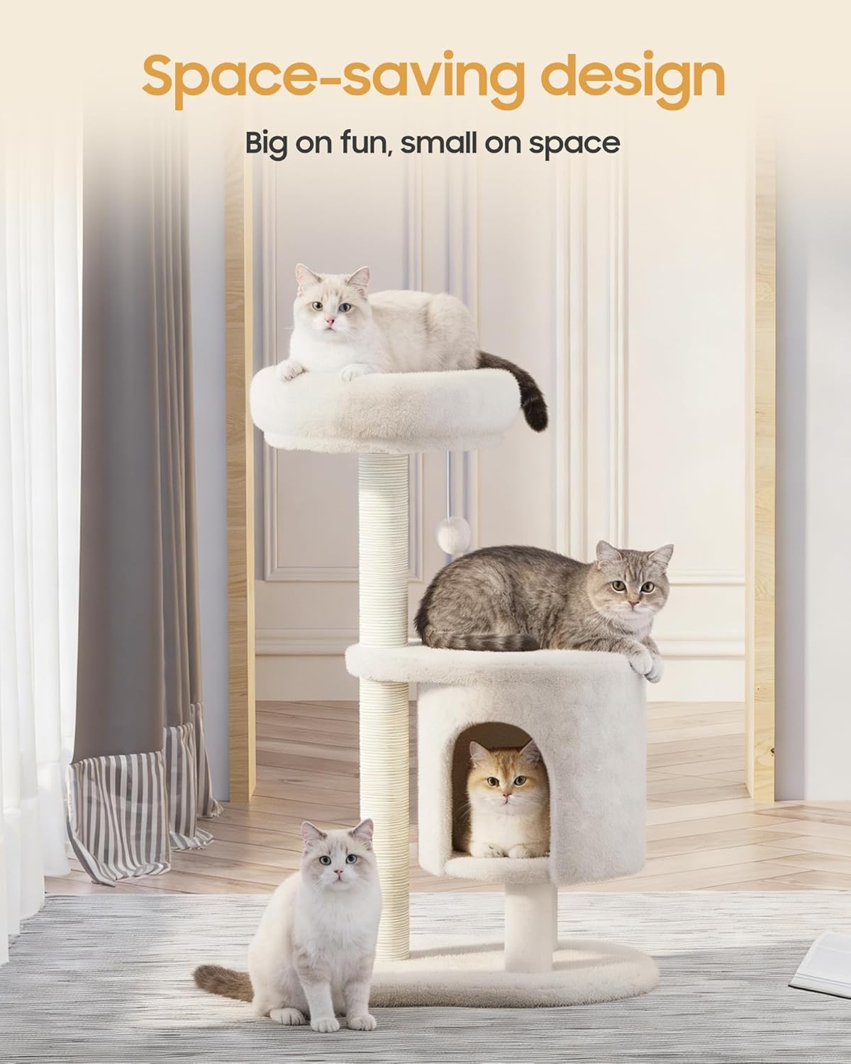 Cat Tree, 34.3 Inches Cat Tower with Scratching Post, Condo, Interactive Hanging Ball, Plush Perch for Indoor Large Cats, Beige
