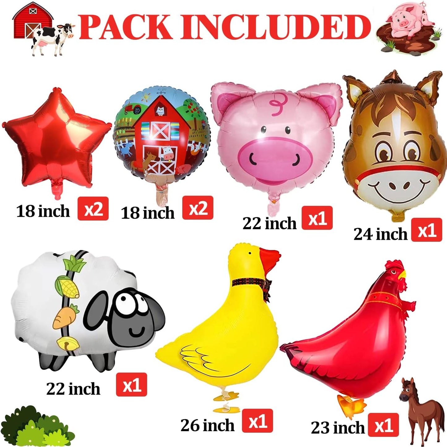 14 PCS Farm Animal Balloons Cow Sheep Duck Rooster Pig Donkey Balloons Barnyard Balloon Supplies with Large Number 2 Foil Balloon for Farm Animal Theme 2nd Birthday Party Decor Supplies