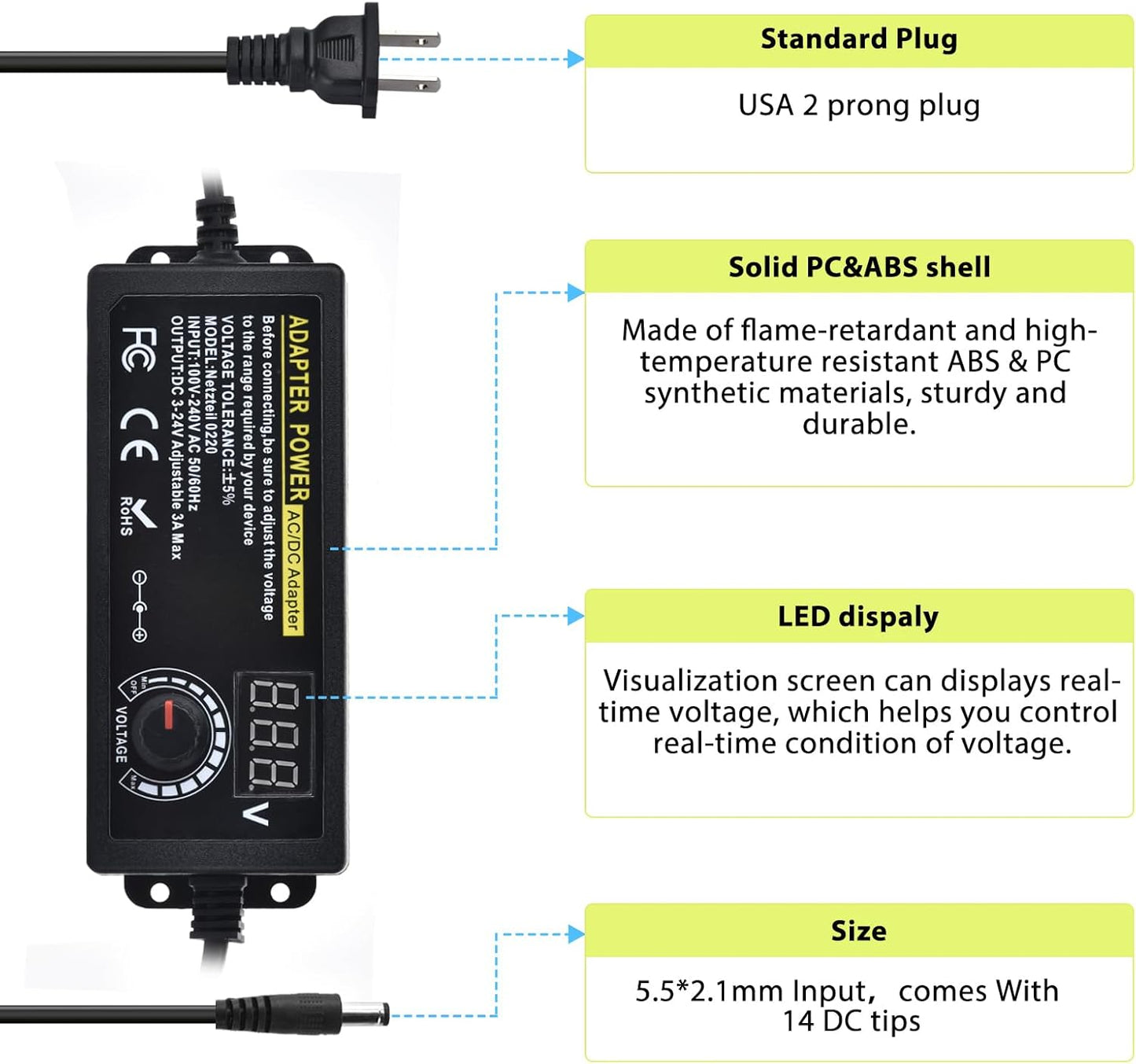 Universal Power Supply Adjustable 3A 72W DC 3V ~ 24V Variable Universal Switching 100V-240V AC/DC Adapter with Volt Display & Adjustable Voltage & 14pcs Tips & A Reverse Polarity Converter