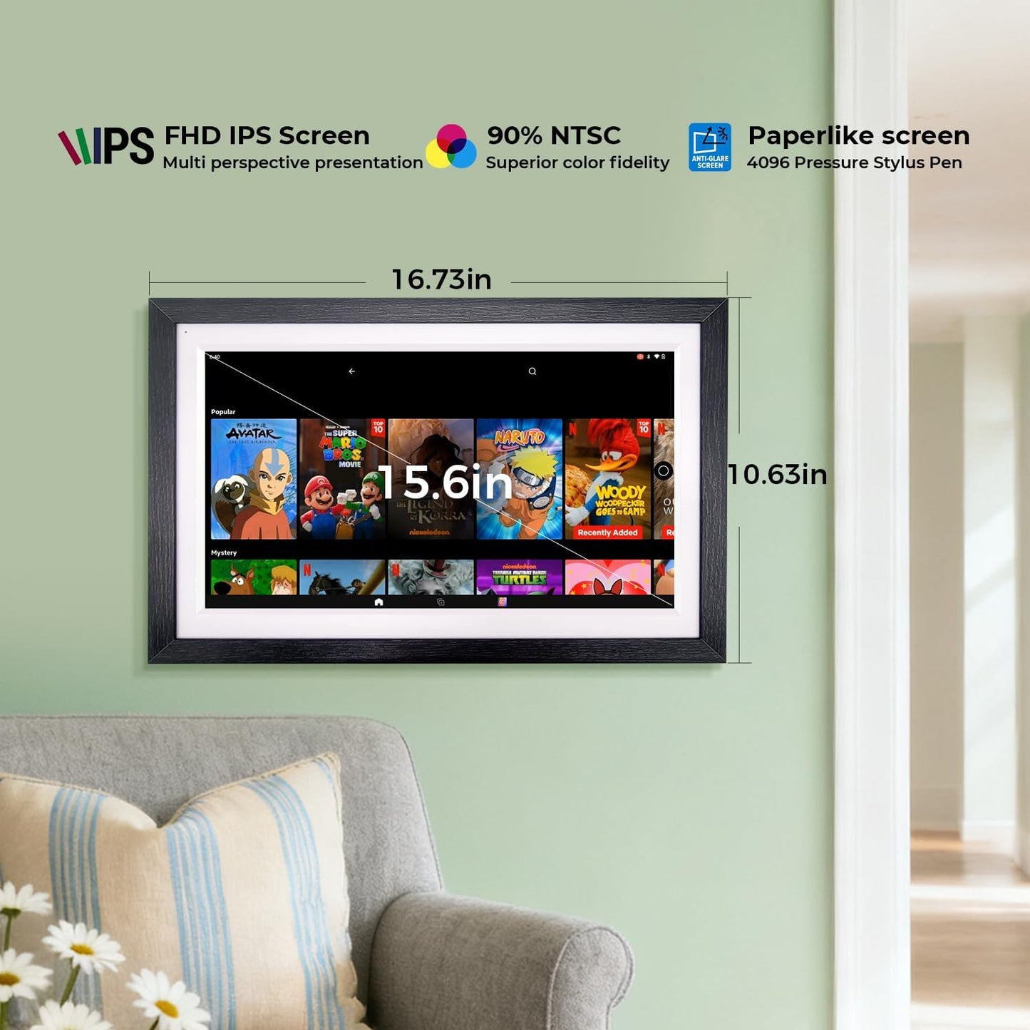 15.6" Digital Google Calendar+Pen,No Subscription|All-in-one Smart Display:Photo Frame,Google Play Apps,Voice Assistant,Home Hub,Streaming|Built-in Battery|Wall&Desk|Anti-Glare Touchscreen|Walnut Wood