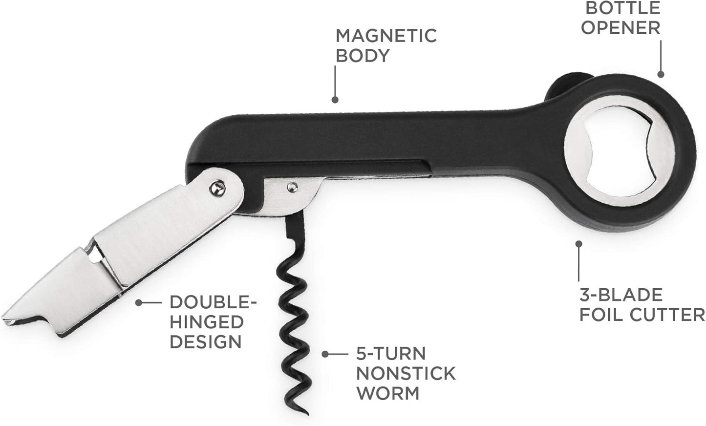 Host Double Hinged Corkscrew, Stainless Steel Bottle Opener and Foil Cutter, Wine Key, Bar Accessories, Set of 1, Black