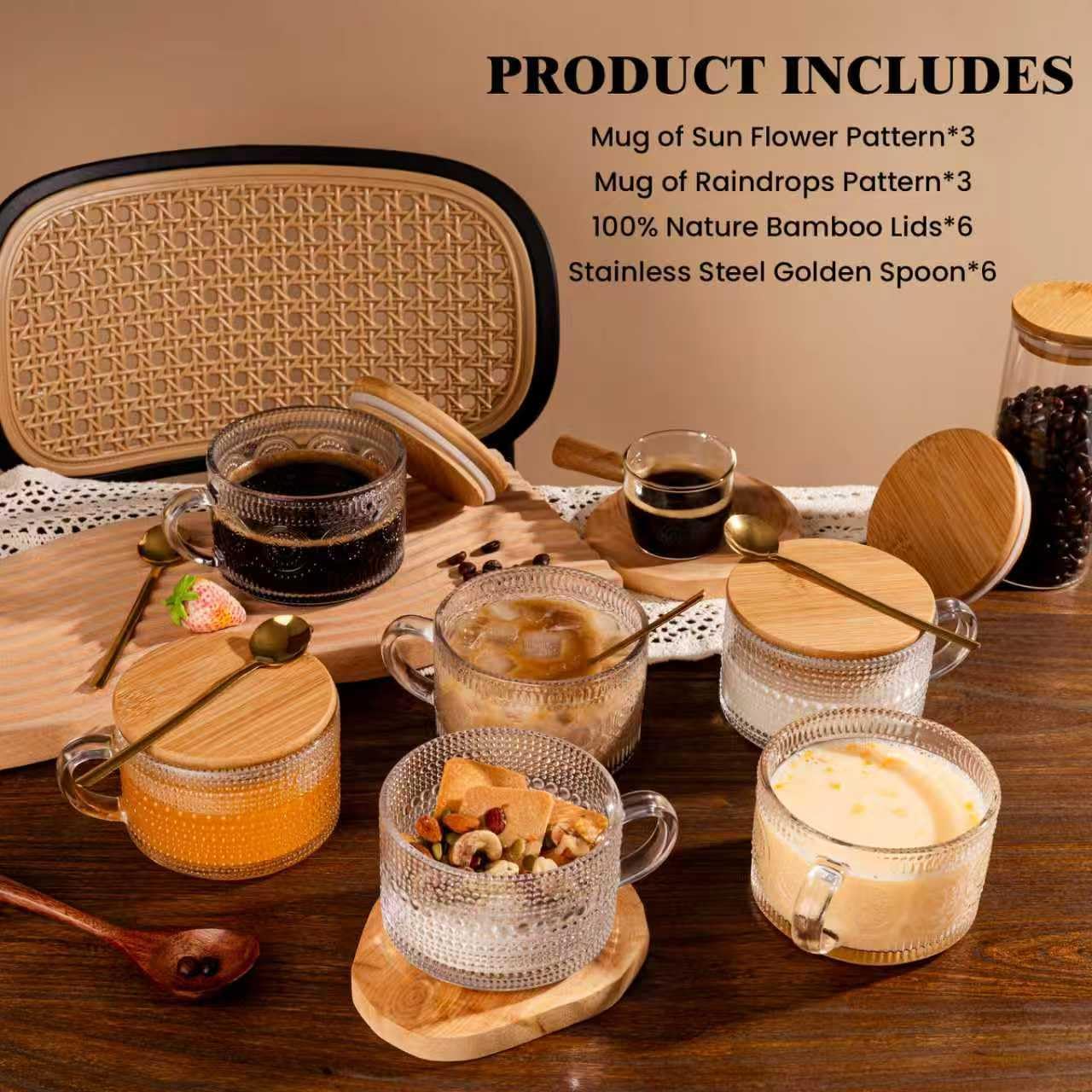 6 PACK Vintage Glass Coffee Mugs 14oz Clear Embossed Tea Cup Set with Bamboo Lids and Gold Spoons,Yogurt Bowl,kitchen gifts for women