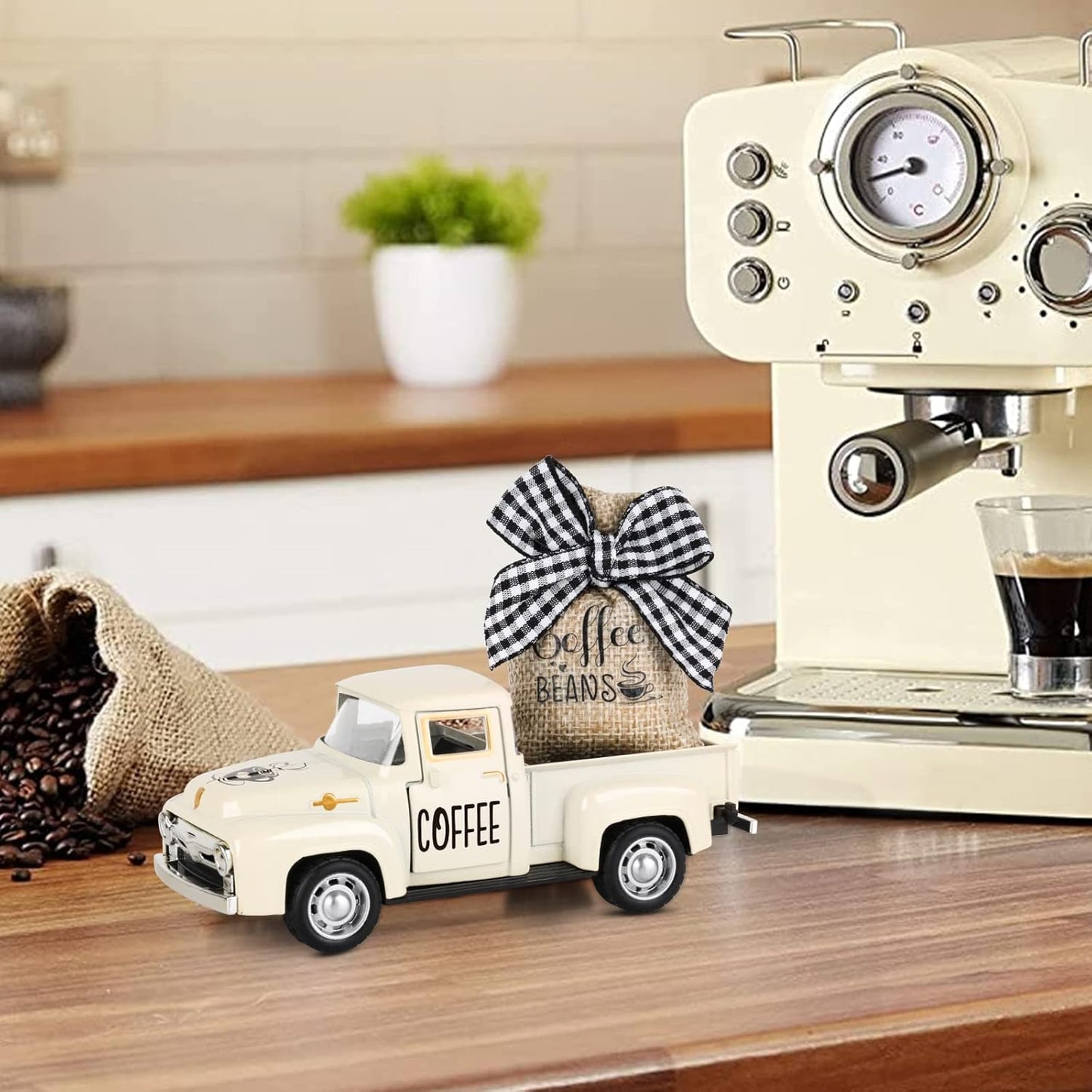 Hooqict Coffee Decor for Coffee Bar Metal Truck with Coffee Beans Burlap Sack Vintage Pickup for Farmhouse Kitchen Decor Coffee Station Home Coffee Bar Accessories Coffee Shop Decor