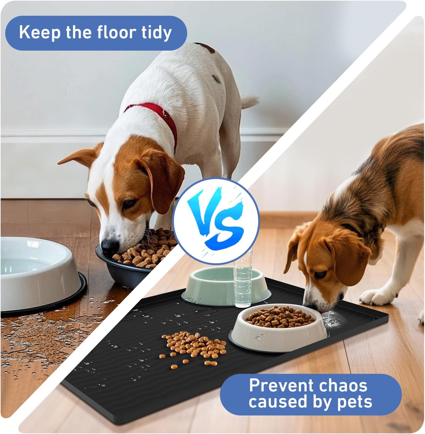 URMONA 19" x 19" Silicone Pet Feeding Mat, Dog Cat Food and Water Mat, Waterproof Raised Edge Cat Litter Box Tray, Rubber Pets Accessories, Puppy Kitty Essentials（Black）