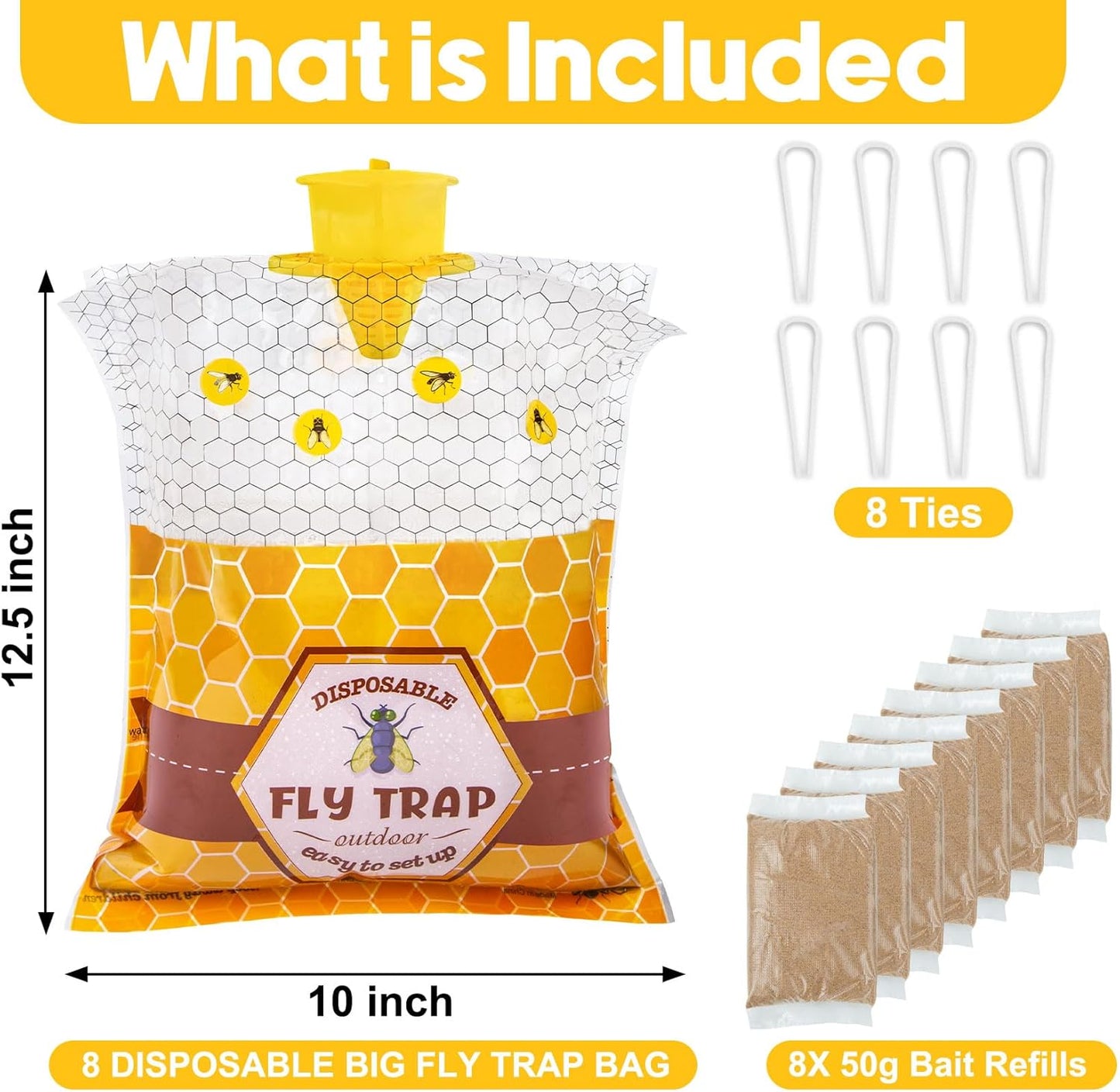 8 Pack Big Fly Traps Outdoor Hanging for Patio, Flies Bags Outdoor Disposable with 50g Bait, Bug Fly Hunter Catcher Killer Control for Barn Horse Ranch Chicken Coop