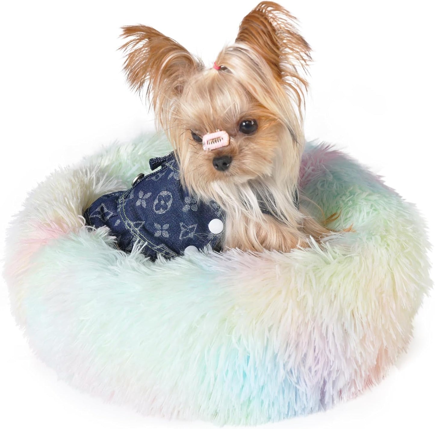 Fluffy Rainbow Dog Bed Extra Small Washable,Calming Dog Bed Rainbow for Small Dogs 15 inches Donut Soft Small Pet Bed,Anti Anxiety Round Fits up to 5 lbs Warm Comfort Pets Beds for Puppy Dogs Indoor