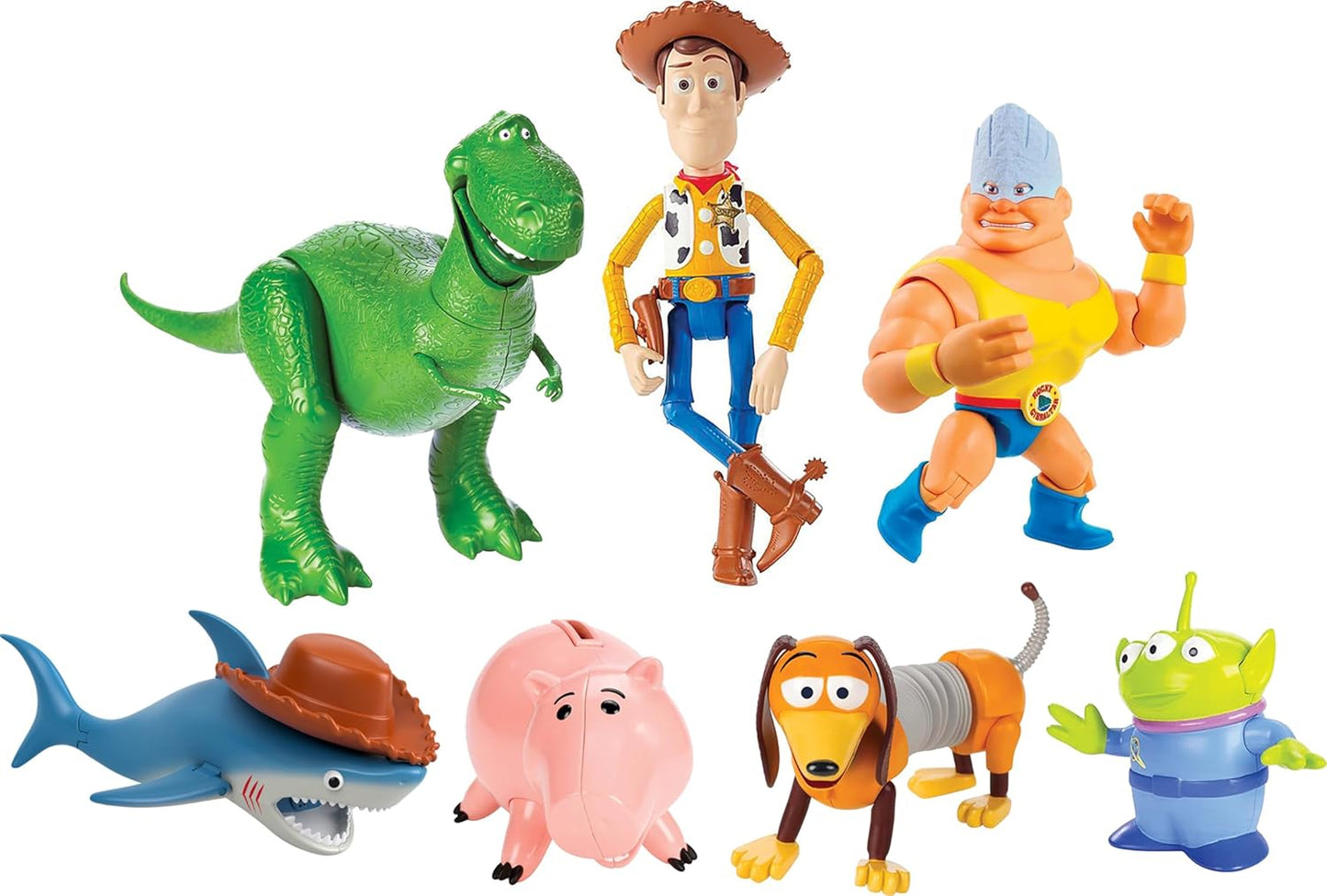 Mattel Disney Pixar Toy Story Set of 7 Action Figures with Woody, Slinky, Rex, Hamm, Alien, Rocky & Shark, Mattel Disney100 Collectible