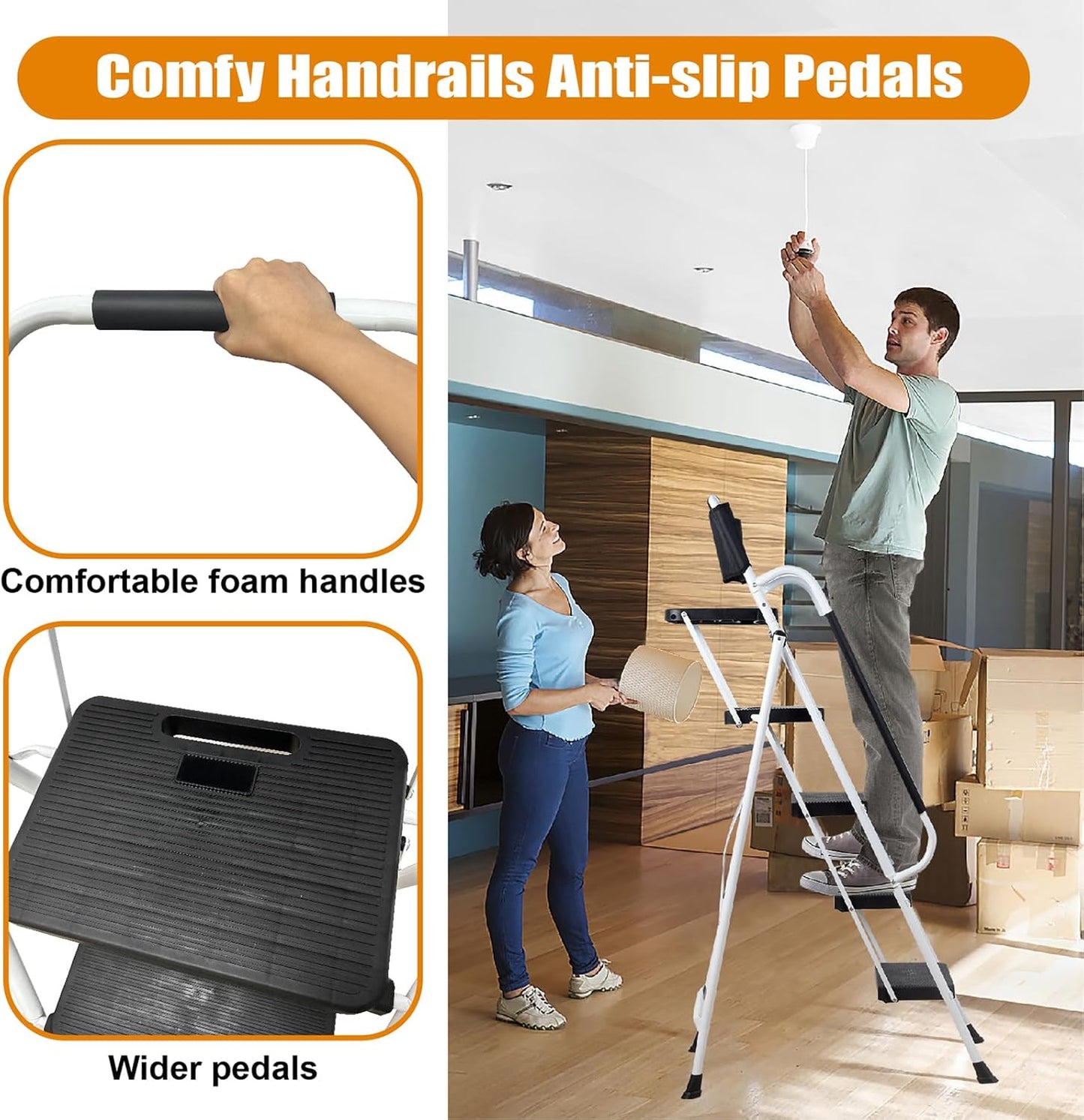 LEADALLWAY 4 Step Ladder with Handrails (Include Tool Tray+Bag) 330lbs Capacity