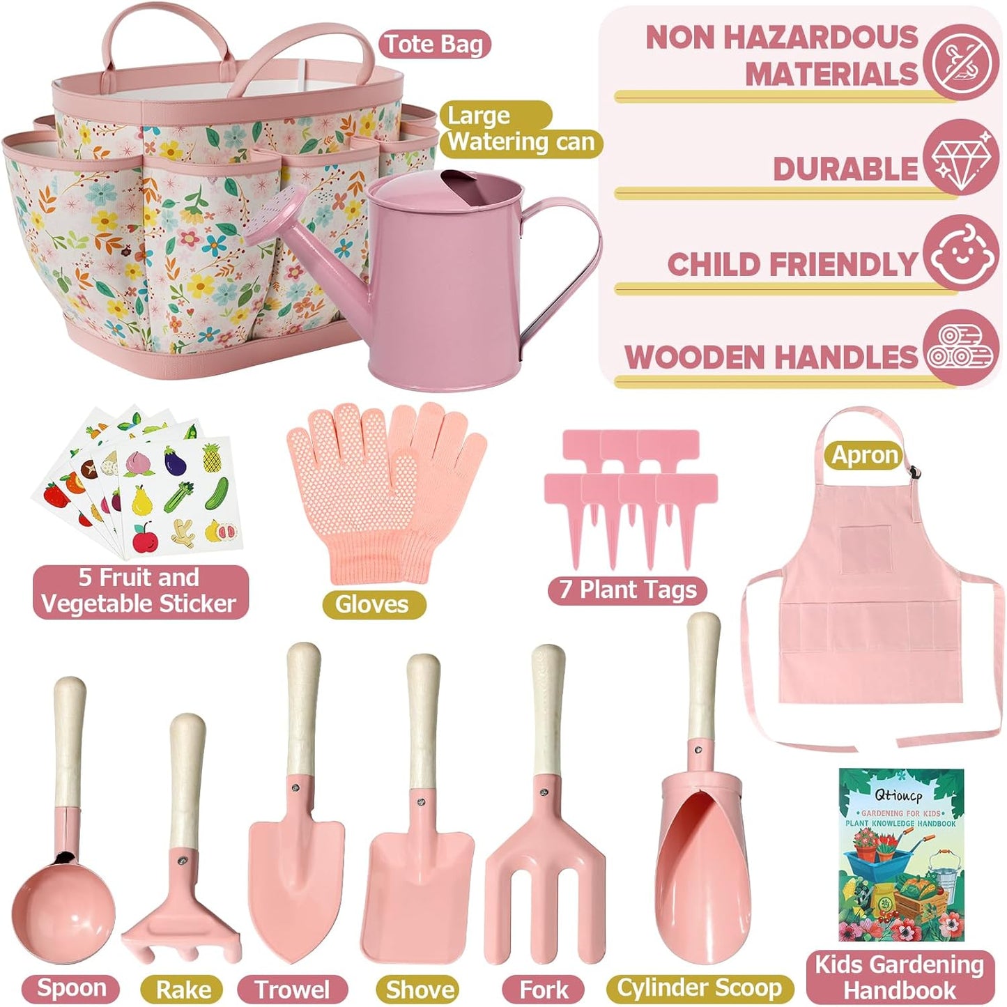 Kids Gardening Set 14Pcs Garden Tools with Tote Bag,Watering Can, Shovel, Apron, Garden Book and More Educational STEM Learning Outdoor for Toddlers Boys Girls (Floral)