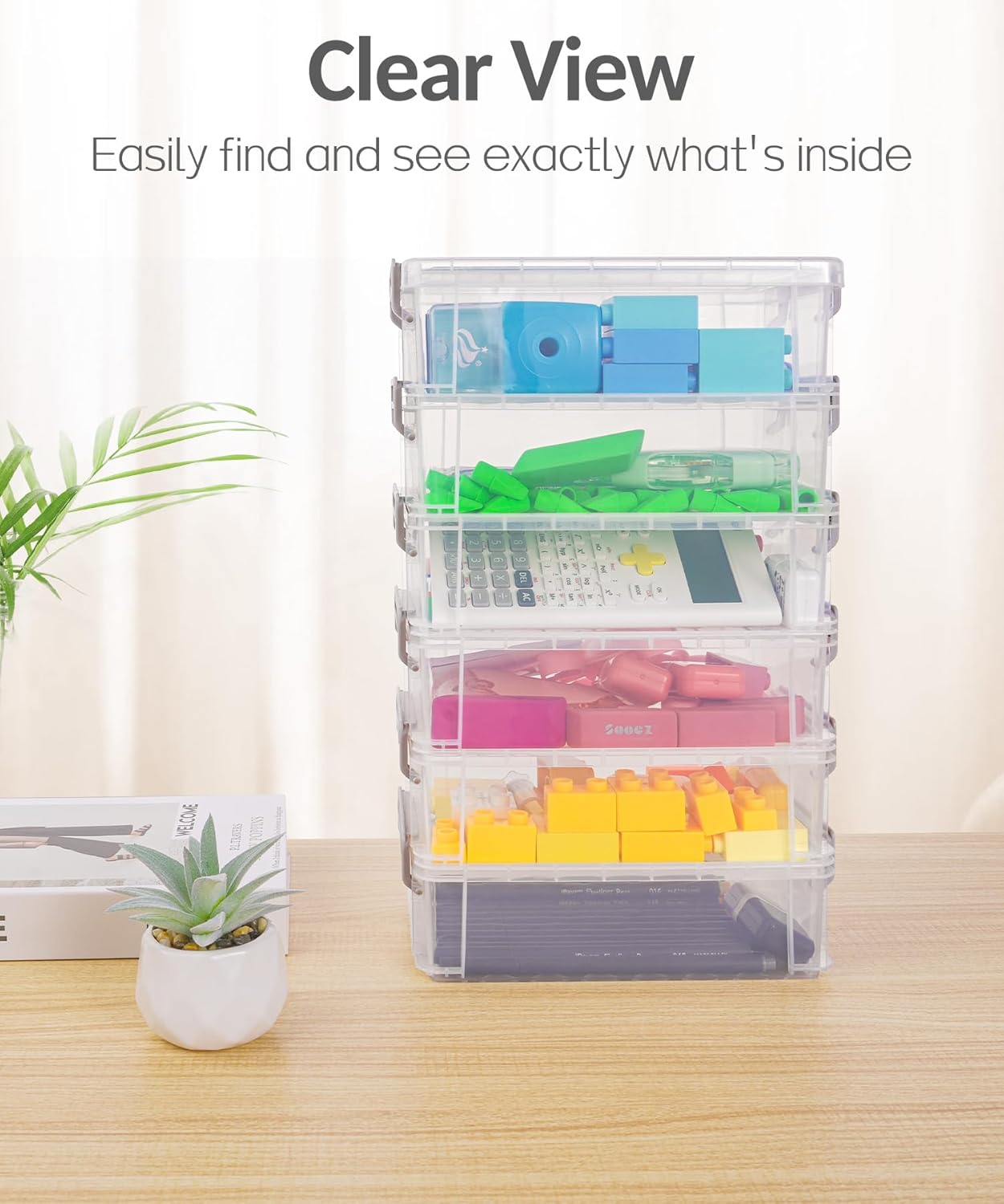 Sooez 6 Pack Extra Large Pencil Box, Plastic Pencil Case Crayon Box, Clear Marker Organizer Plastic Containers with Lid, Stackable Storage Boxes for Art Craft,Pen,Back to School Teacher Supplies, Grey
