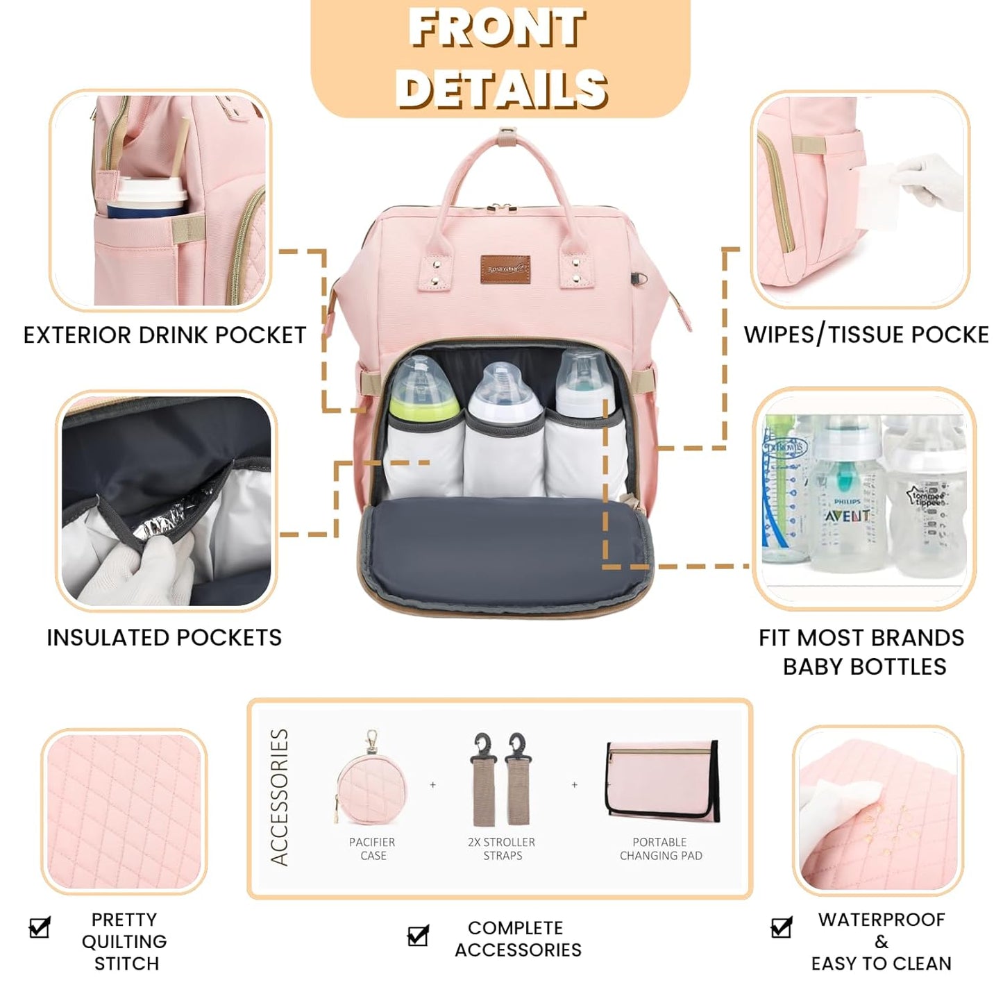 Pink Diaper Bag Backpack for Baby Girls - Baby Shower Gifts for Mom, Quilted Diaper Bag with Changing Pad, Pacifier Case, Insulated Pockets, Stroller Straps, 35L Large Capacity - Cute