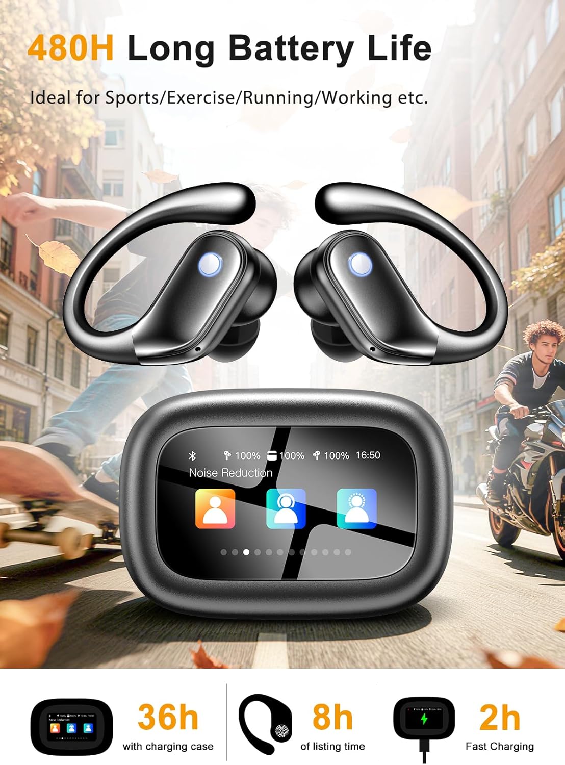 Wireless Earbuds, ENC Noise Cancelling Sport Ear Buds with Smart Charging Case, Bluetooth 5.4 Headphones, 5 EQ Over-Ear Earbuds for Sports/Workout/Gym-– Matte Black