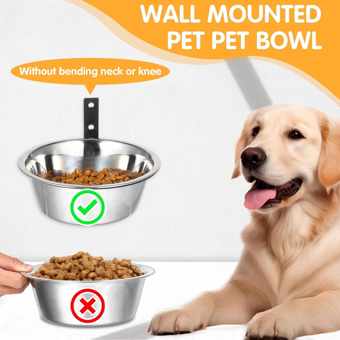 2 Pcs Wall Mounted Dog Bowl, Wall Mounted Pet Feeding Bowls, Elevated Pets Bowls, Adjustable Heights Hanging Stainless Steel Dog Food and Water Bowl with Collapsible Stand Holder