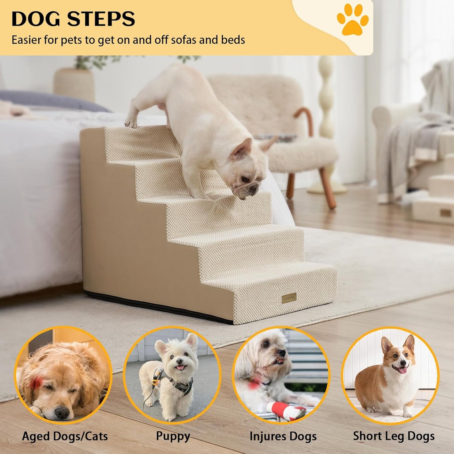 Dog Stairs for Small Dogs, 5 Tier Widened Pet Stairs for High Beds, 23.6" H Non-Slip Dog Steps for Puppy, Elderly, or Disabled Dogs, 17.7x30x23.6 inch, Beige