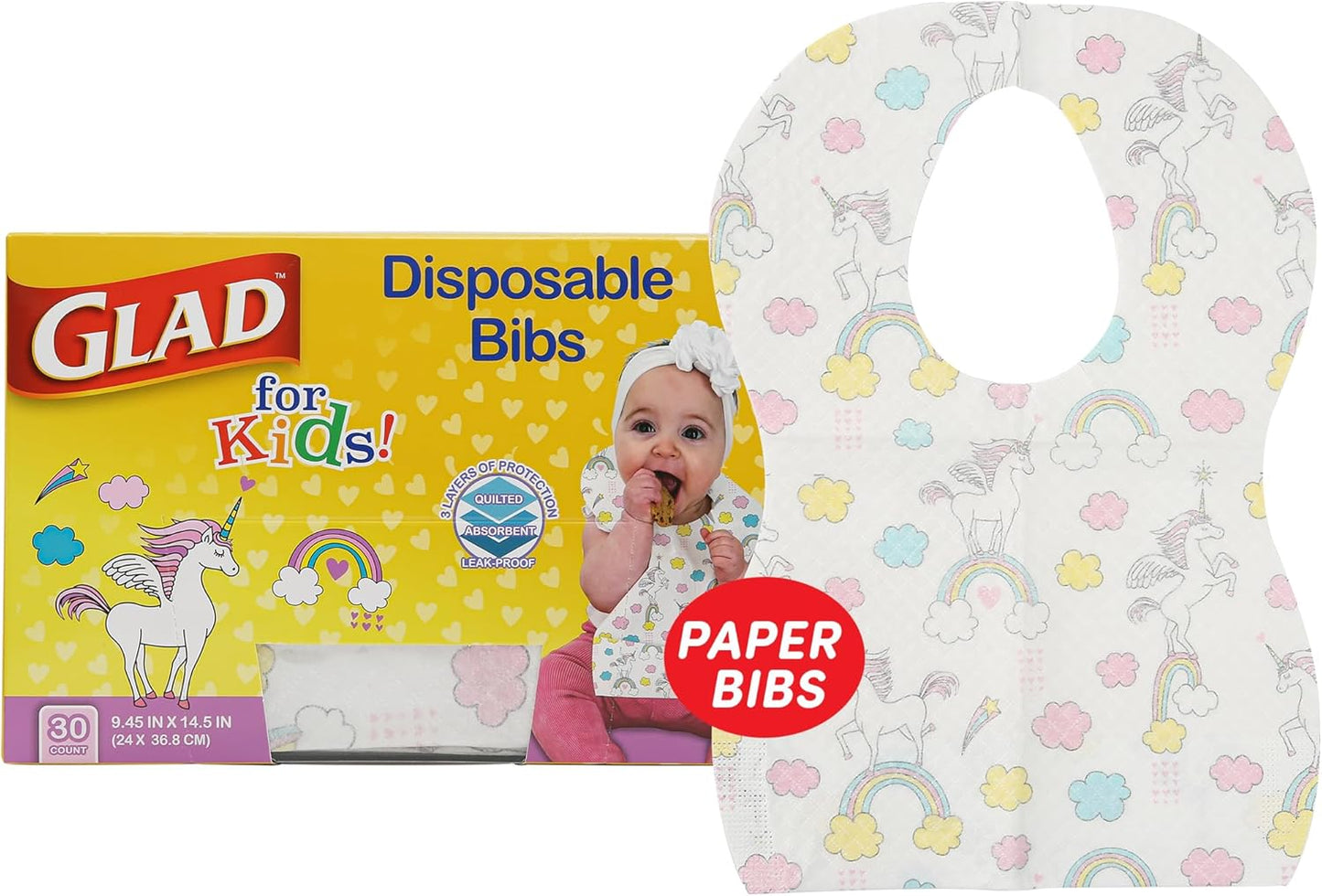Glad for Kids Unicorn Disposable Paper Bibs with Crumb Catcher, Absorbent Leakproof Bibs for Toddlers and Babies, Mess Free Feeding, Crafts, Parties, and Travel Use, 30 Count