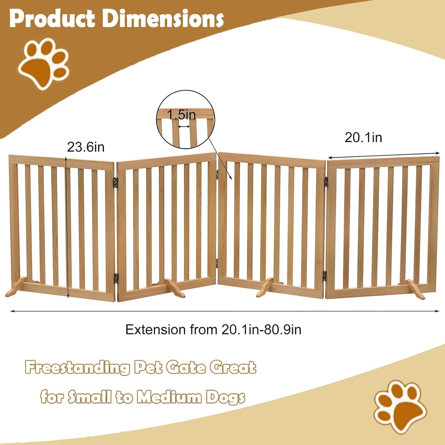 Wooden Foldable Dog Gate Pet Dog Fence for House Stairs Hallways Doorways, Freestanding 4 Panels Puppy Safety Gate 80.9 Inch Wide 23.6 Inch Height Indoor Brown