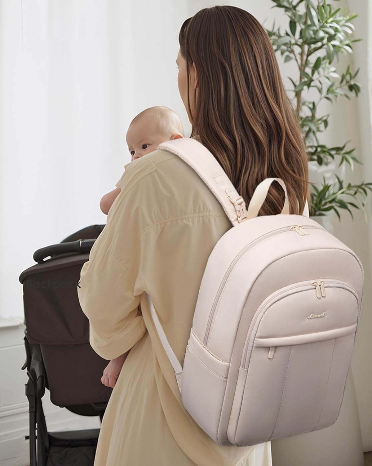 LOVEVOOK Diaper Bag Backpack, Large Puffy Baby Bag with Changing Pad Insulated Pockets Stroller Straps, Waterproof Diaper Backpacks for Mom Dad, Ivory