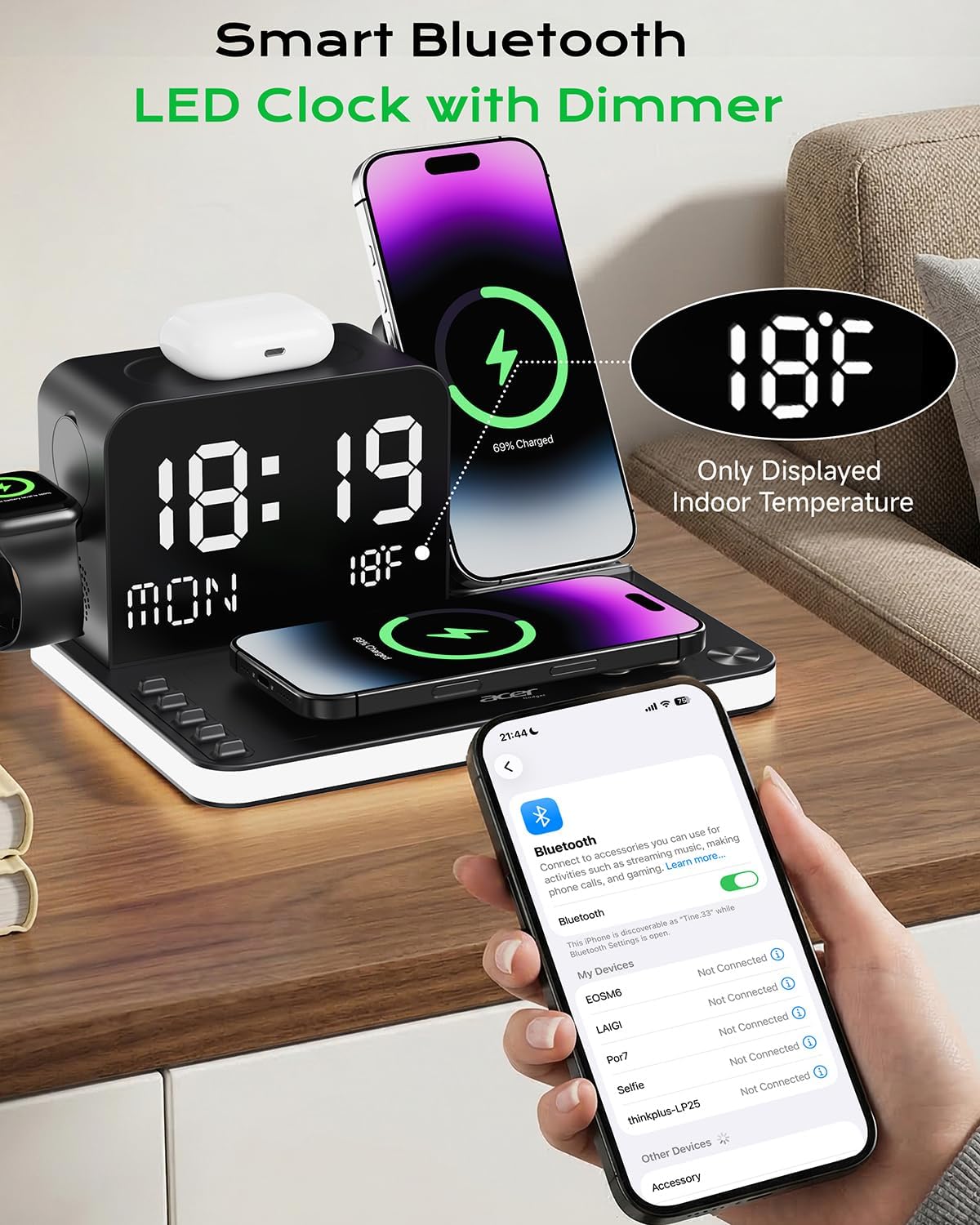 acer 7-in-1 Wireless Charging Station: Charger Stand for Multiple Devices for Apple - iPhone 16 15 14 13 12 Pro Max Apple Watch Airpods, Wireless Charger iPhone Charging Station with Bluetooth TimeSyn