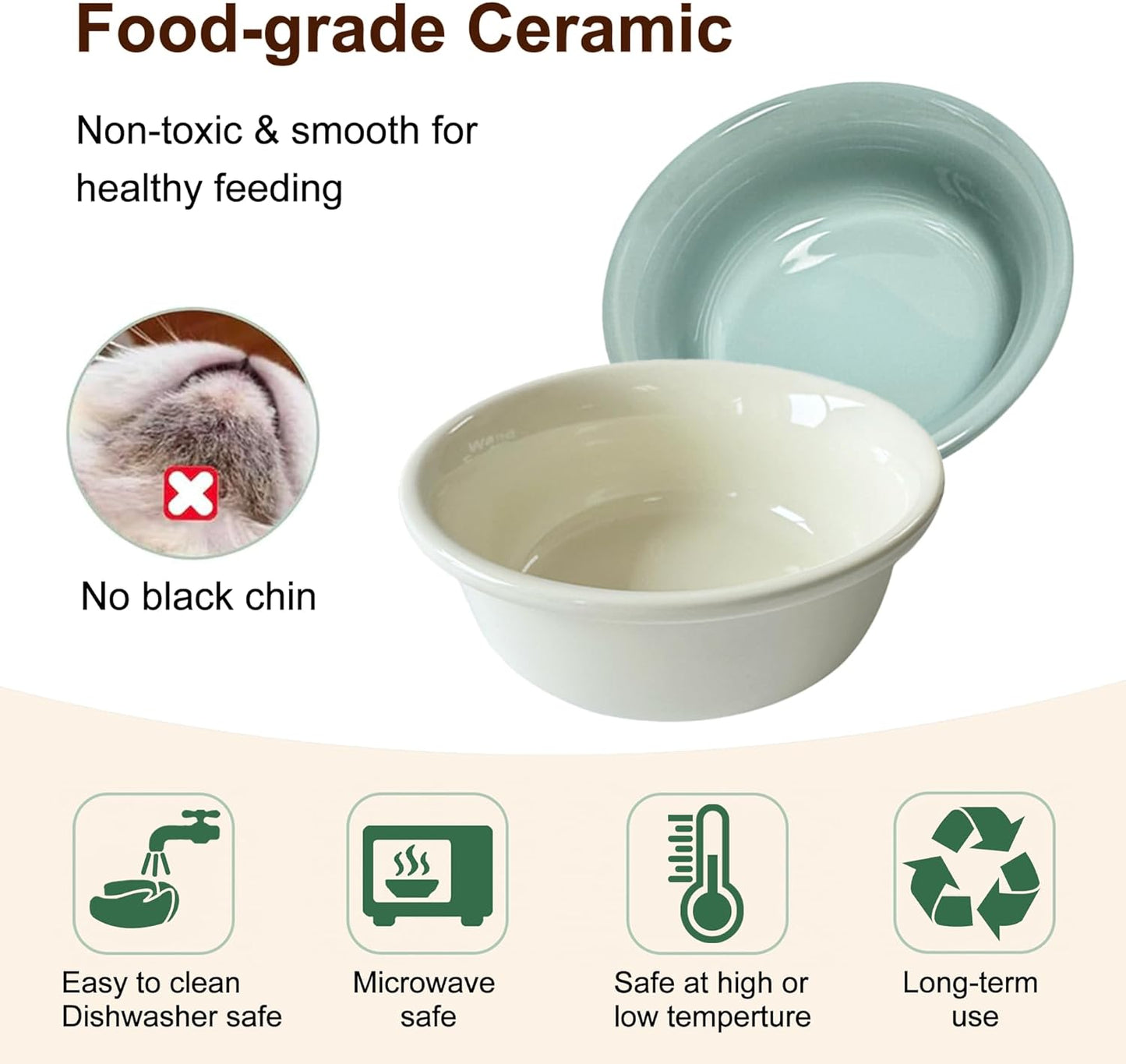 Elevated Cat Bowl, 12 Ounce Ceramic Raised Cat Bowl for Dry and Wet Food, 2 Dishs with Adjustable Wood Stand, for Indoor Kitten, Cats and Puppy, Dishwasher Safe (Cream+Green