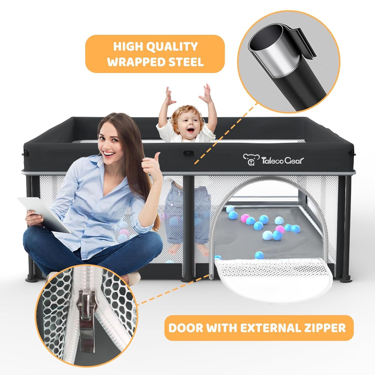Taleco Gear Foldable Baby Play Pen with Mat, 50''x50'' Playpen for Babies and Toddlers, Playpen for Baby with Gate, Breathable,Foldable Travel Play Pen with 50 Ocean Balls