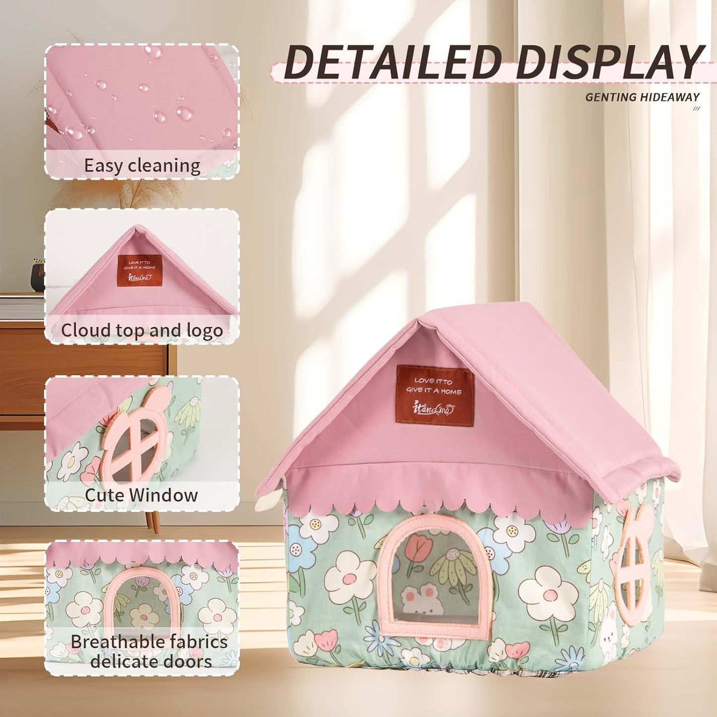 Hamster Hideout Hamster House & Rat Hideout with Removable Bracket, Breathable Small Animal Bed for Hamsters, Golden Bears - Easy Clean, No Bottom Design, 10.43” L x 9.25” W x 7.48” H (Pink)