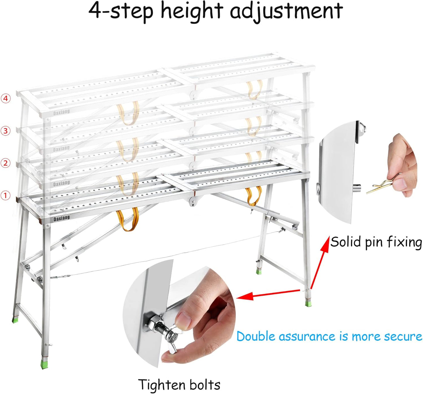 Daxiang Portable Scaffolding Platform 55(L) x15(W) x27-43(H)'' Work Platform Adjustable Height Steel 600 LBS Load Capacity Folding Step Ladder Drywall Painting Stool