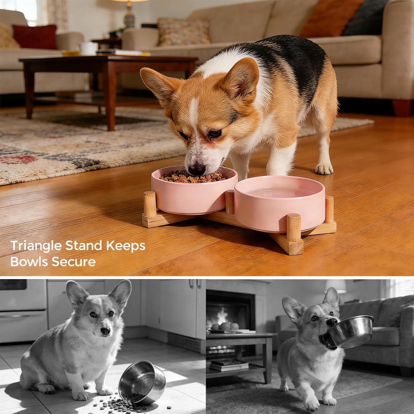 Ceramic Dog Bowl and Cat Bowls Set with 15° Adjustable Wood Stand, Non-Slip Weighted Pet Food and Water Bowls, Dual Raised Feeder for Small Dogs Cats, Matte Glaze Pet Dish 13.5oz Set of 2 (Pink)