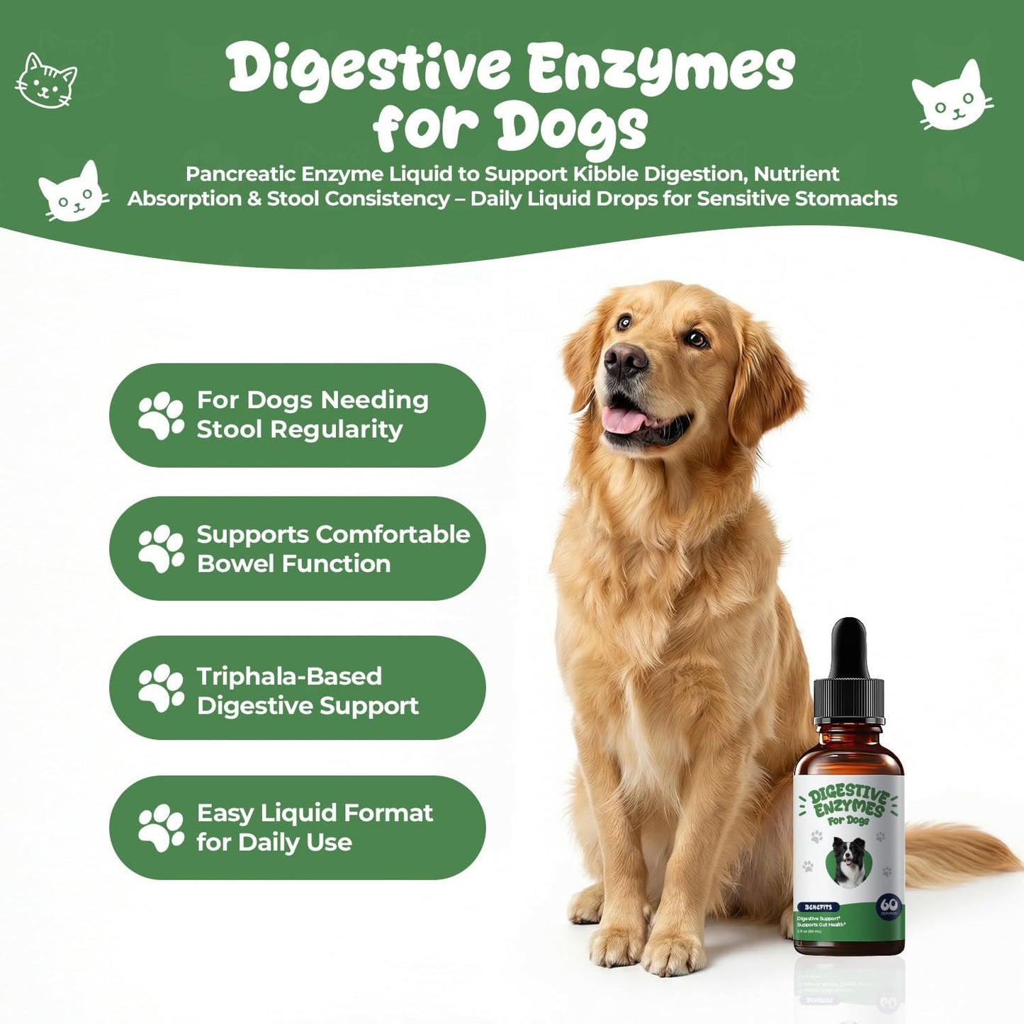 Digestive Enzymes for Dogs, Stool Eating Deterrent Support & Diet Change Aid, Liquid Enzyme Drops to Help Break Down Protein, Fat & Carbs, Daily Digestive Support, 2 fl oz (60 mL)