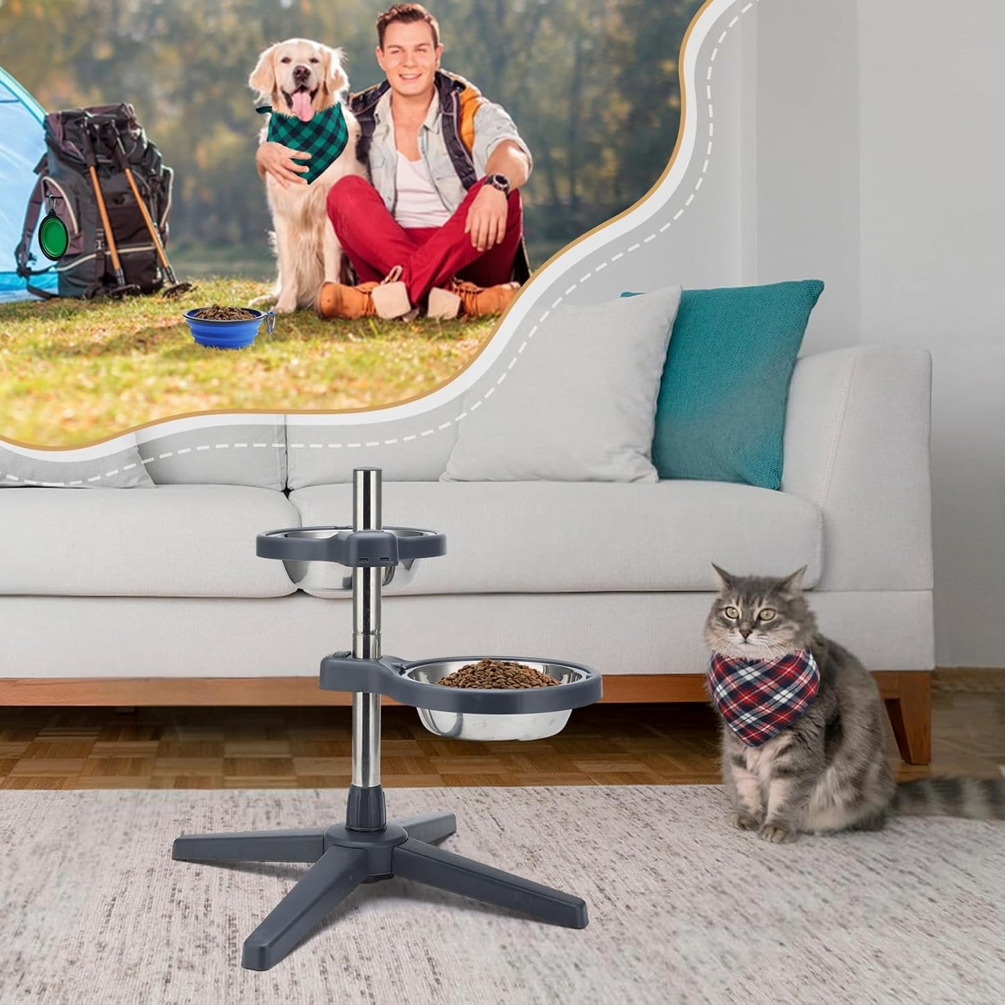 Elevated Dog Bowls Stainless Steel Elevated Dog Bowl Adjustable Height (5.51" to 17.72") Suitable for Medium Large Dogs & Cats Comes with 2 Stainless Steel Dog Bowls Diameter 7.87"