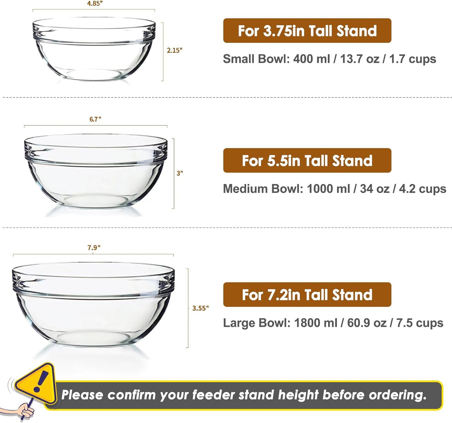 Replacement Glass Bowl for Feoyoho 3.75in Feeder Stand – Small, 13.7 oz / 1.7 Cups, Dishwasher & Microwave Safe