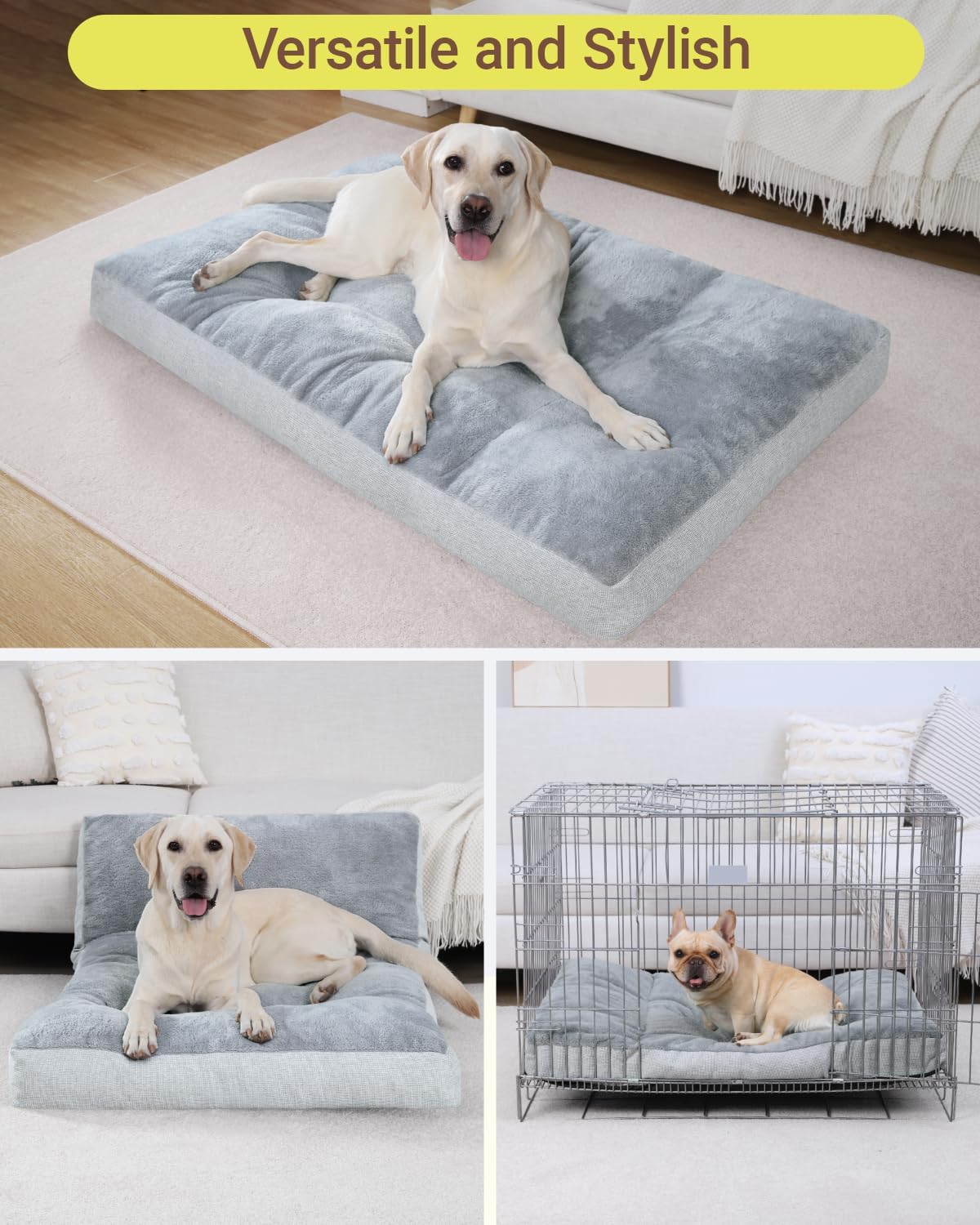 Washable Dog Bed for Extra Large Dogs, XXL Crate Bed Plush Pet Kennel Pad with Non-Slip Bottom, Pet Sleeping Mat, 47x29 Inch, Light Gray
