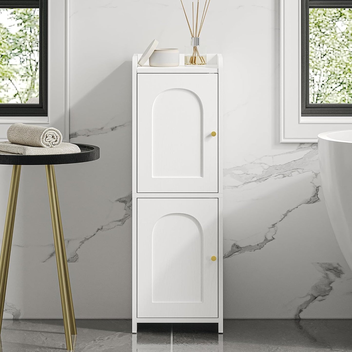 Bathroom Storage Cabinet, Small Corner Floor Cabinet with 2 Doors and Adjustable Shelf, Narrow Toilet Paper Cabinets, Bathroom Organizer for Small Spaces, 7.9" D x 9.8" W x 29.5" H White