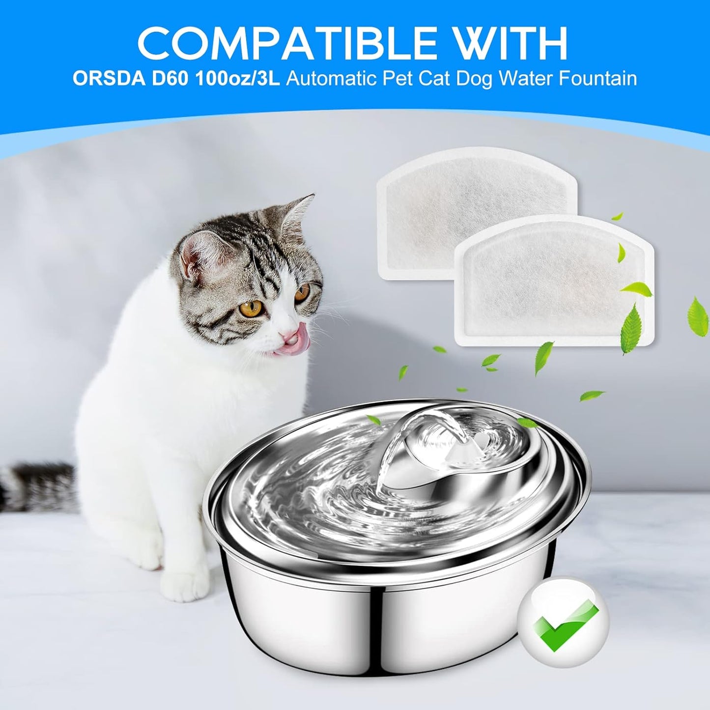 Cat Water Fountain Filter Replacement Compatible with ORSDA D60 100oz/3L, Pet Fountain Filter Replacement for Automatic Pet Dog Water Dispenser 14 Pack