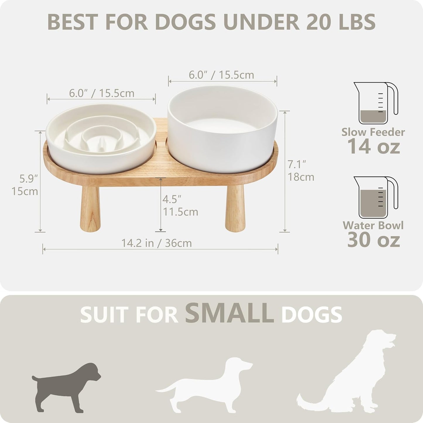Ceramic Slow Feeder and Water Bowl Set for Small Dogs, 6.0 Inch Ceramic Dog Bowls Elevated with Wooden Stand, 0.6 Cups Dog Slow Feeder(14oz) and 30oz Water Bowl Set, White
