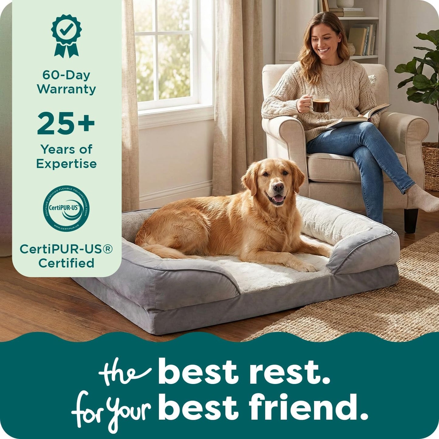FurHaven Perfect Comfort Sofa Orthopedic Dog Bed for Large Dogs, Memory-Top Foam with a Solid Orthopedic Foam Base for Joint Support, Removable Washable Cover, Jumbo XL, Plush & Velvet, Granite Gray
