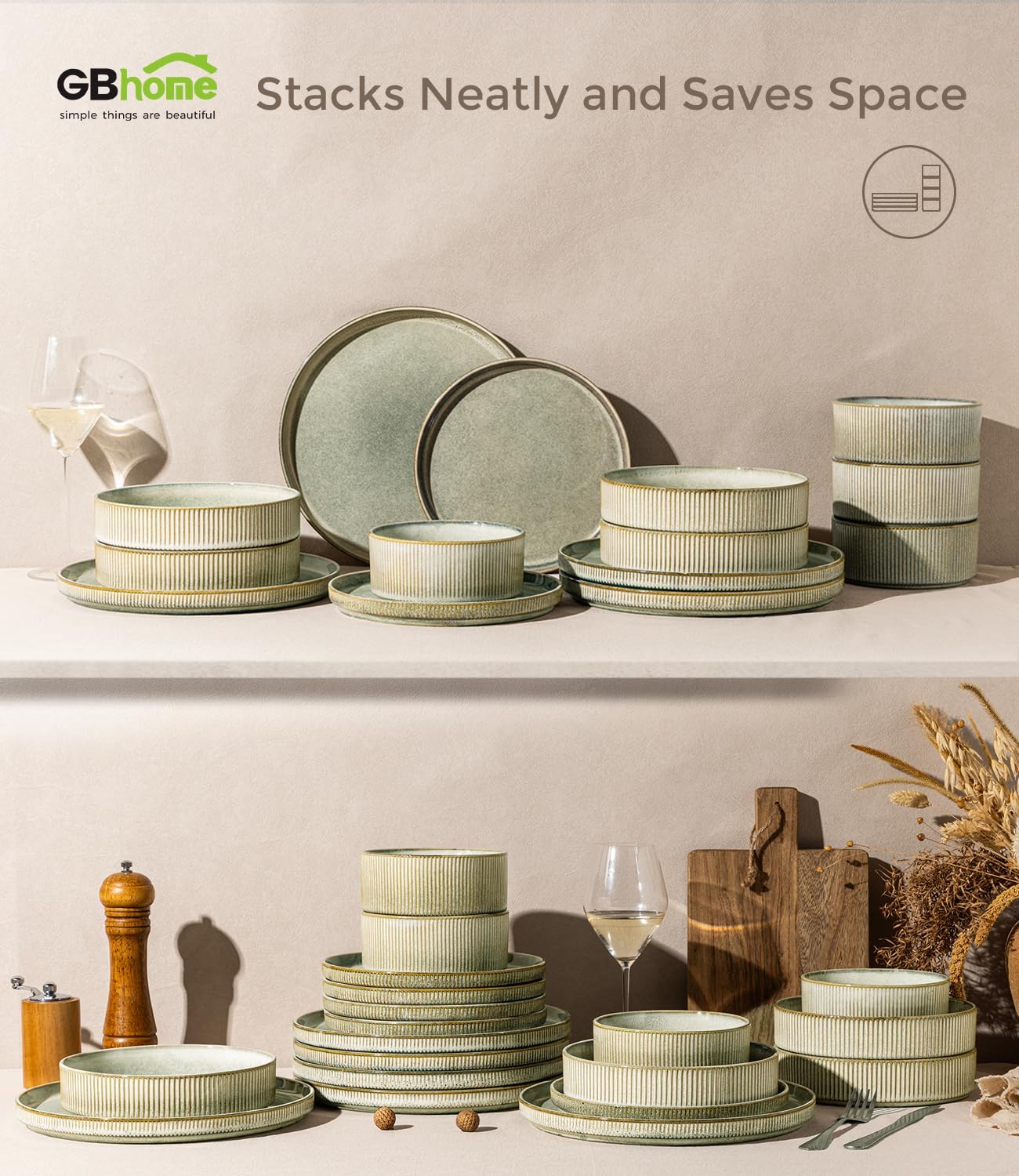 GBHOME 12-Piece Stoneware Dinnerware Set for 4 – Ribbed Ceramic Plates and Bowls, Scratch-Resistant, Microwave & Dishwasher Safe, Reactive Glaze, Desert Sage