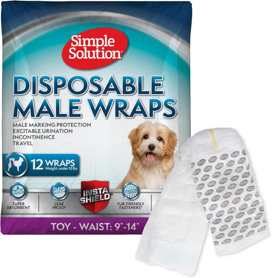 Simple Solution Disposable Male Wraps, Absorbent Leak Proof Belly Bands for Dogs, Incontinence Aid, Puppy Training, Marking Control, and Travel Protection, Toy Dogs, 9–14 Inch Waist, 30 Count