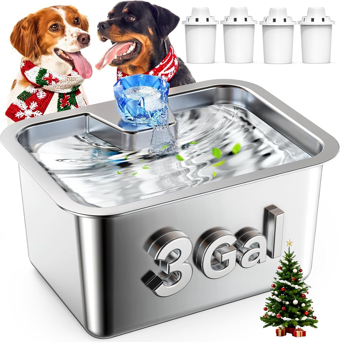 Stainless Steel Dog Water Fountain, 3 Gallon Extra Large Pet Fountains for Large Dogs, Great Dane Waterer Automatic Dog Bowl Dispenser,Filter Drinking Bowls for Multi Pets, Easy to Clean, Quiet Pump