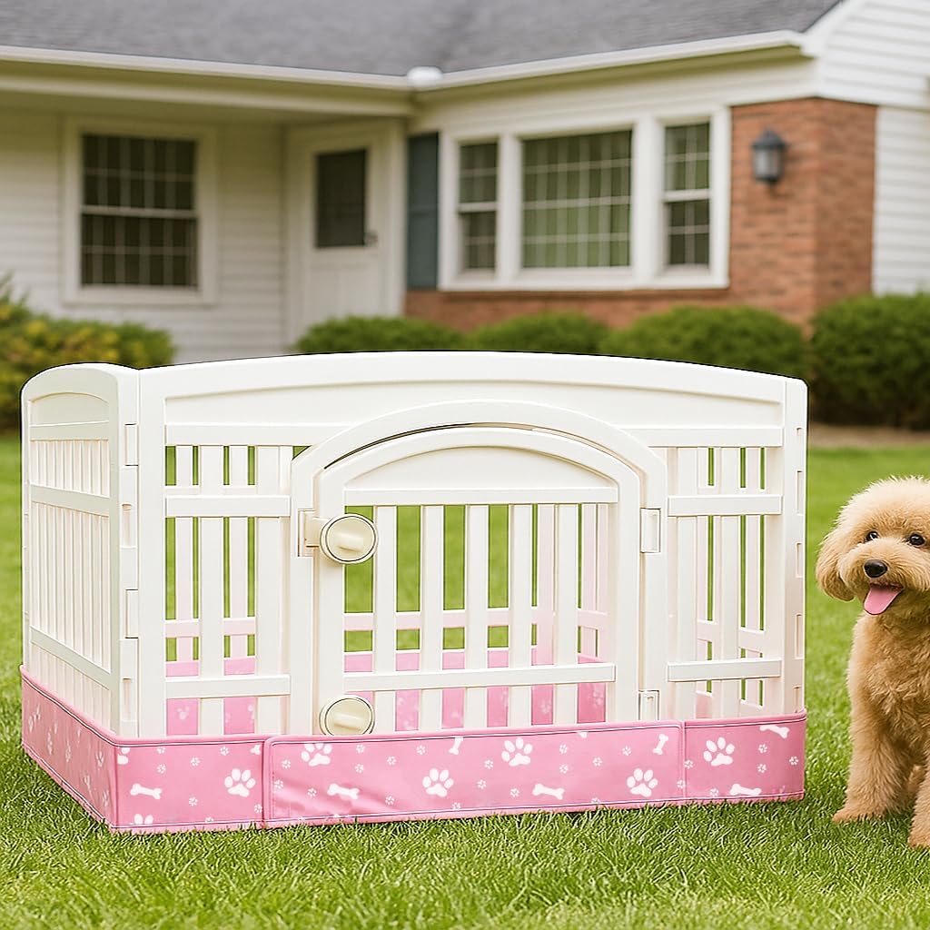 Dog Playpen Bottom Pad Mat for 36" 4-Panel Playpens - Scratch & Chew-Resistant Puppy Pen Floor Mat with Hook & Loop Fasteners, Waterproof & Leakproof, Non-Slip (Pink) (Playpen Not Included)
