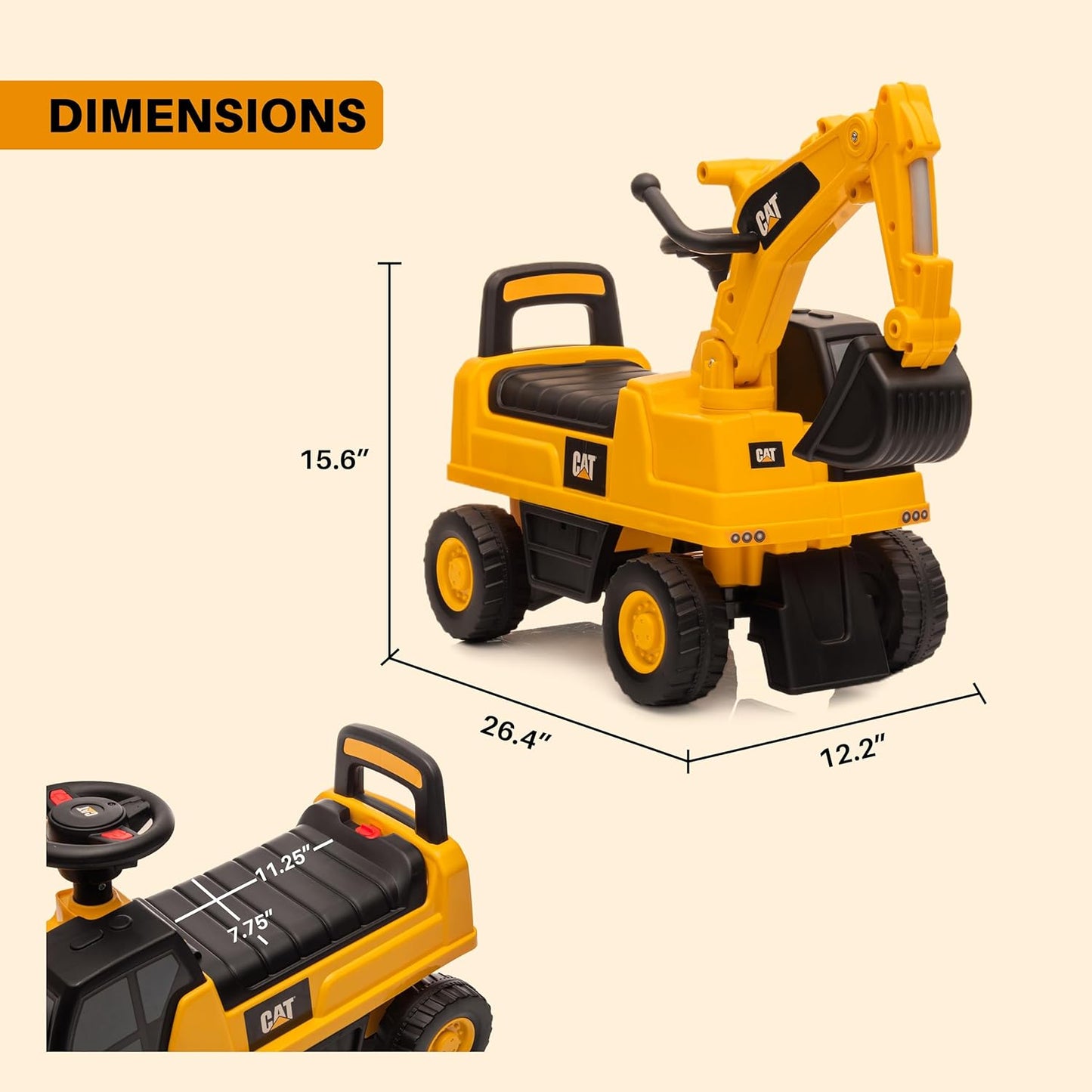 Best Ride On Cars CAT Excavator Push Car – Licensed Caterpillar Ride-On Digger Toy for Kids with Rotating Bucket & Under-Seat Storage – Construction Vehicle for Toddlers