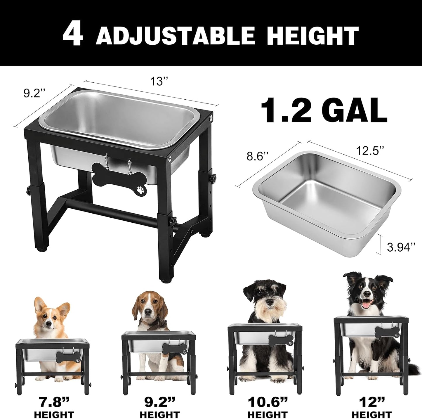 1.2 Gallon Elevated Large Dog Water Bowl, 4 Adjustable Height 7.8'',9.2'',10.6'',12''Raised Stainless Steel Bowl Stand for Small/Medium/Large Breed, Metal Dog Feeding Station for Relief Joint Pressure
